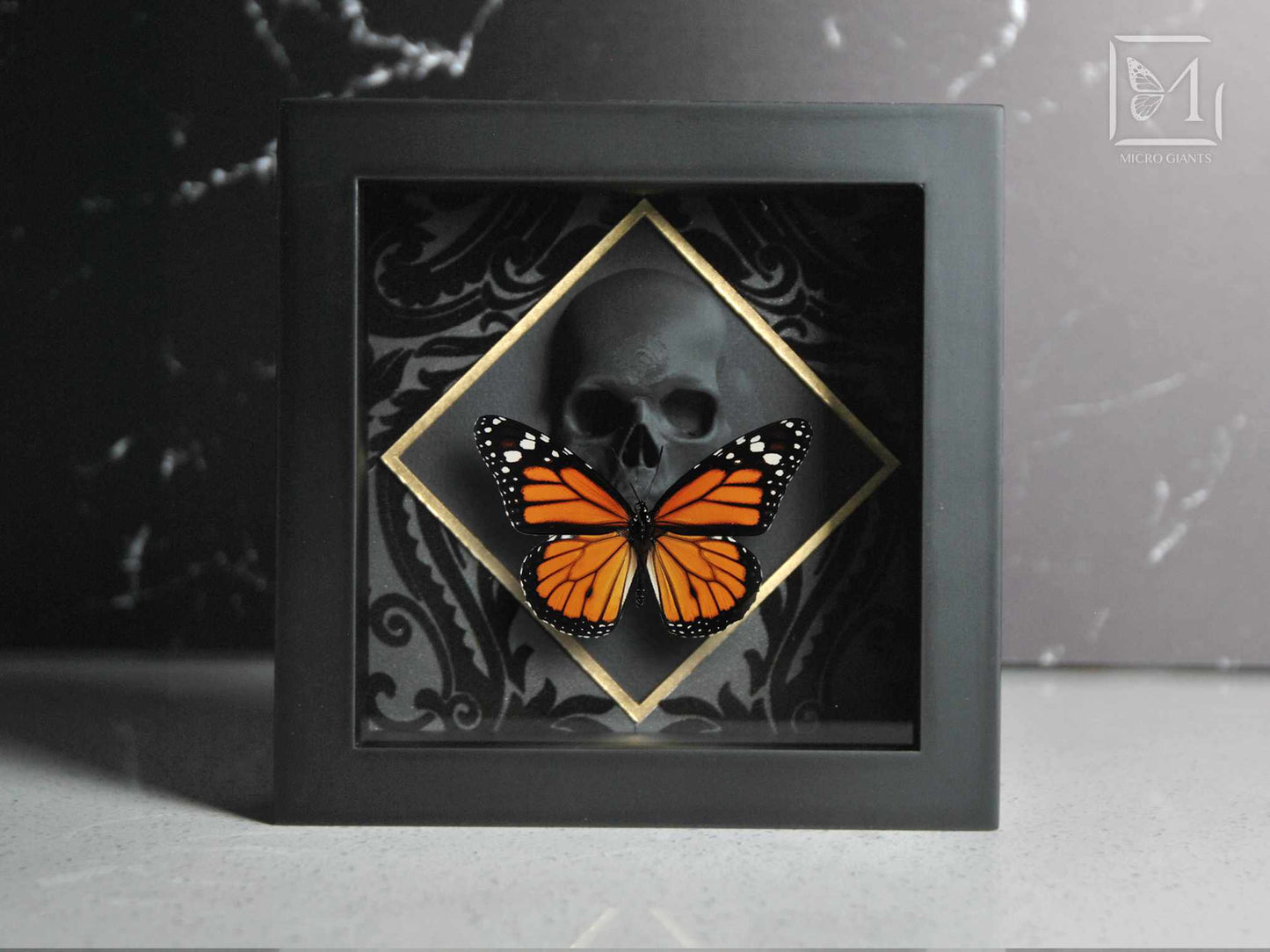 Framed butterfly wall art with 3d printed Skull