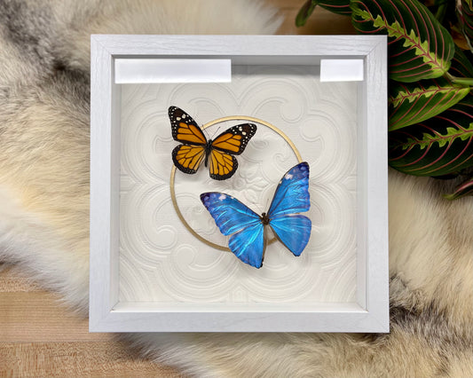 Blue and red butterflies deluxe framed art