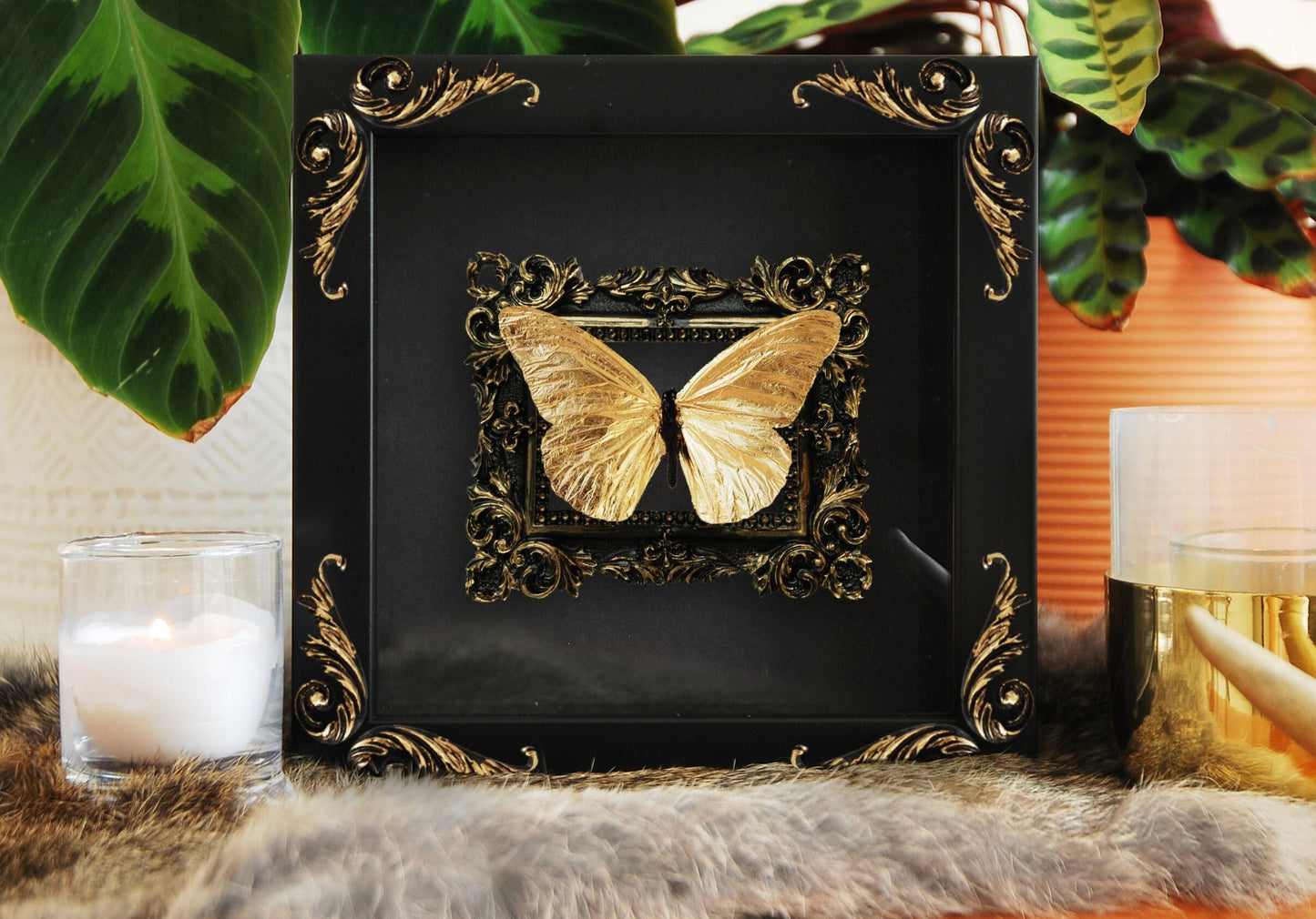 Framed gold leaf monarch butterfly art